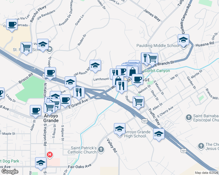 map of restaurants, bars, coffee shops, grocery stores, and more near 170 Branch Street in Arroyo Grande