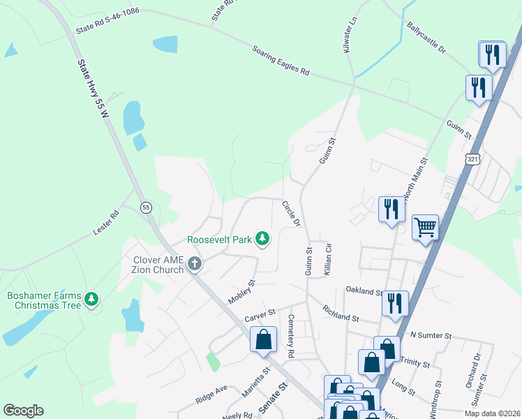 map of restaurants, bars, coffee shops, grocery stores, and more near 304 Zion Church Road in Clover