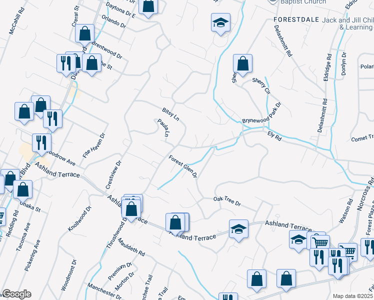 map of restaurants, bars, coffee shops, grocery stores, and more near 714 Ely Road in Chattanooga