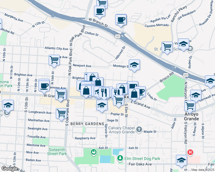 map of restaurants, bars, coffee shops, grocery stores, and more near 182 Fair View Drive in Arroyo Grande