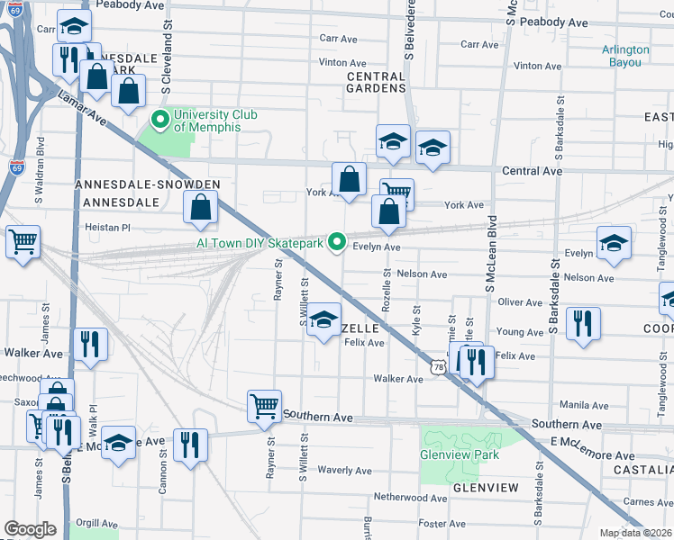 map of restaurants, bars, coffee shops, grocery stores, and more near 867 Roland Street in Memphis