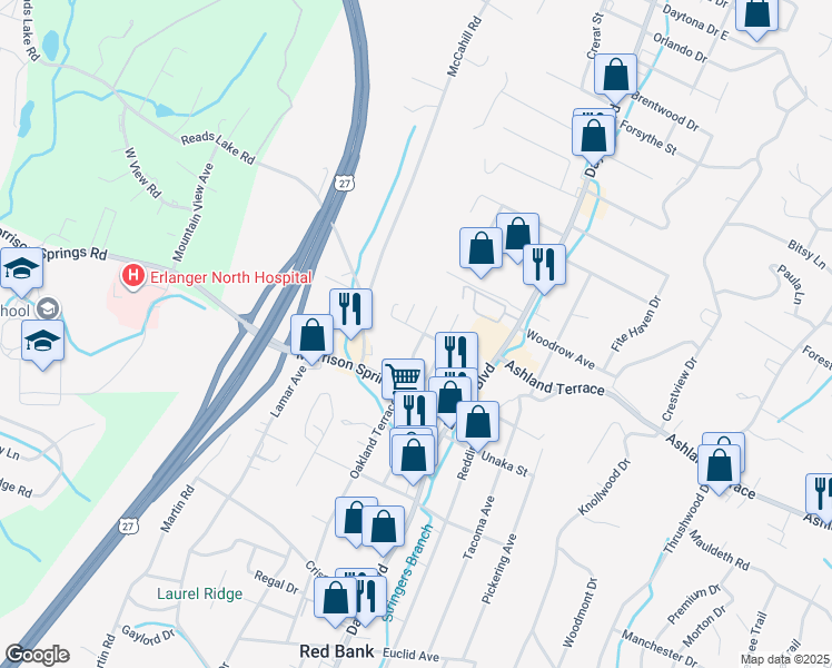 map of restaurants, bars, coffee shops, grocery stores, and more near 210 Trenton Street in Chattanooga