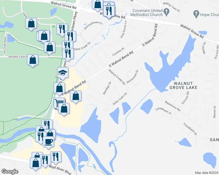 map of restaurants, bars, coffee shops, grocery stores, and more near 296 Bendigo Drive in Shelby County