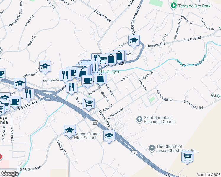 map of restaurants, bars, coffee shops, grocery stores, and more near 219 South Mason Street in Arroyo Grande