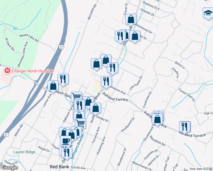 map of restaurants, bars, coffee shops, grocery stores, and more near 4044 Dayton Boulevard in Chattanooga
