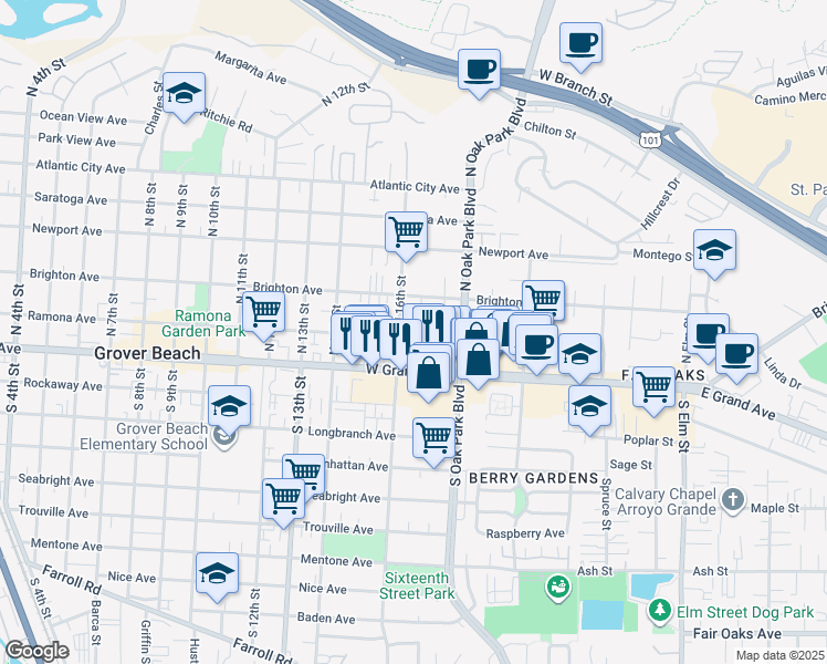 map of restaurants, bars, coffee shops, grocery stores, and more near 1663 Ramona Avenue in Grover Beach