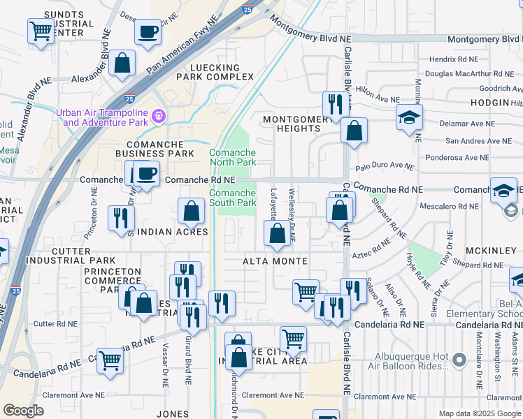 map of restaurants, bars, coffee shops, grocery stores, and more near 3608 Bryn Mawr Drive Northeast in Albuquerque