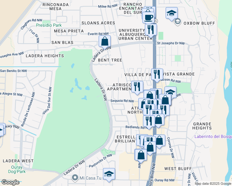 map of restaurants, bars, coffee shops, grocery stores, and more near 6041 Sequoia Road Northwest in Albuquerque