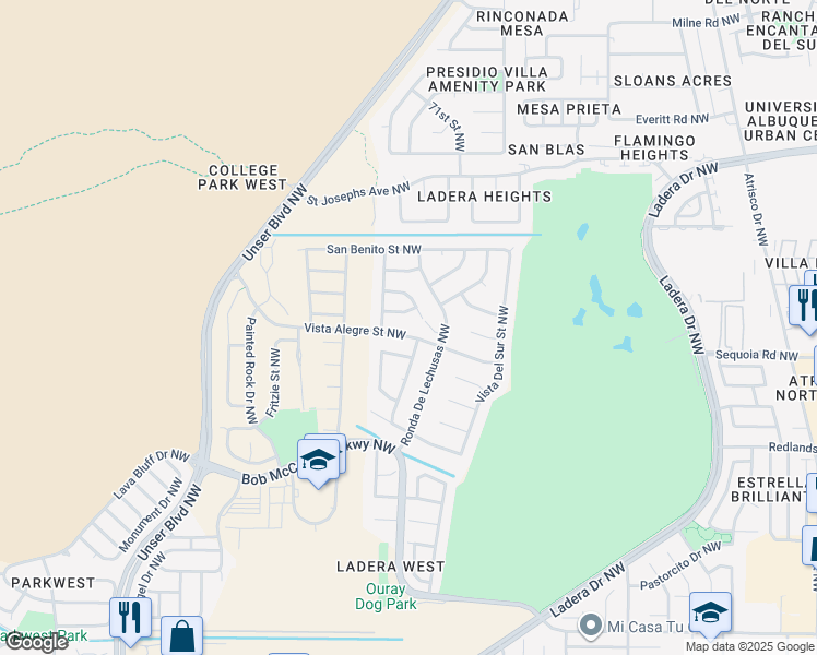 map of restaurants, bars, coffee shops, grocery stores, and more near 7523 Vista Alegre Street Northwest in Albuquerque