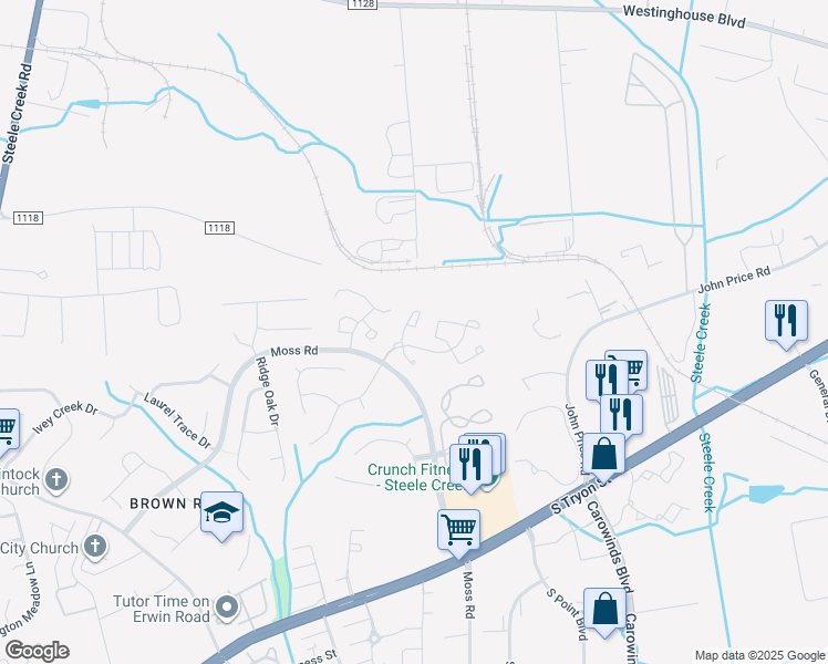 map of restaurants, bars, coffee shops, grocery stores, and more near 2133 Preakness Court in Charlotte