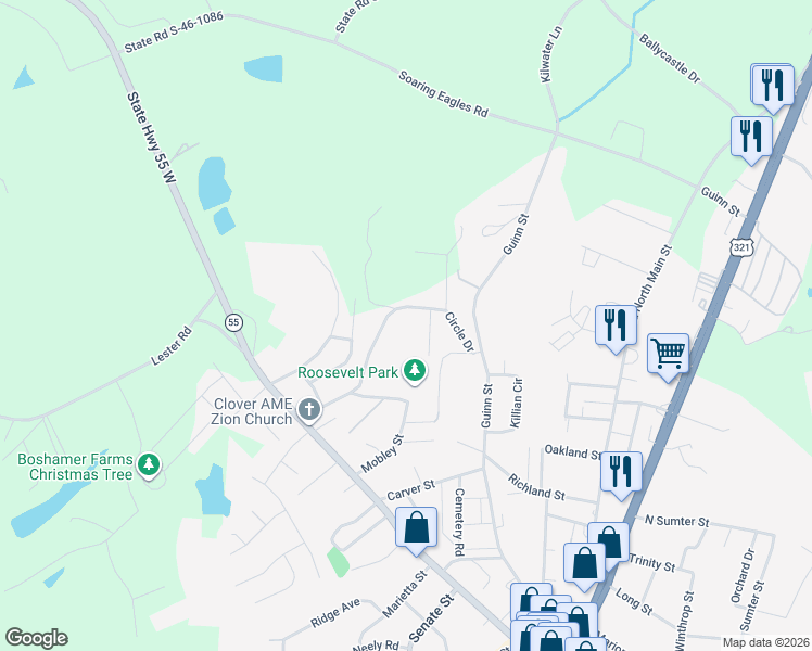 map of restaurants, bars, coffee shops, grocery stores, and more near 304 Zion Church Road in Clover