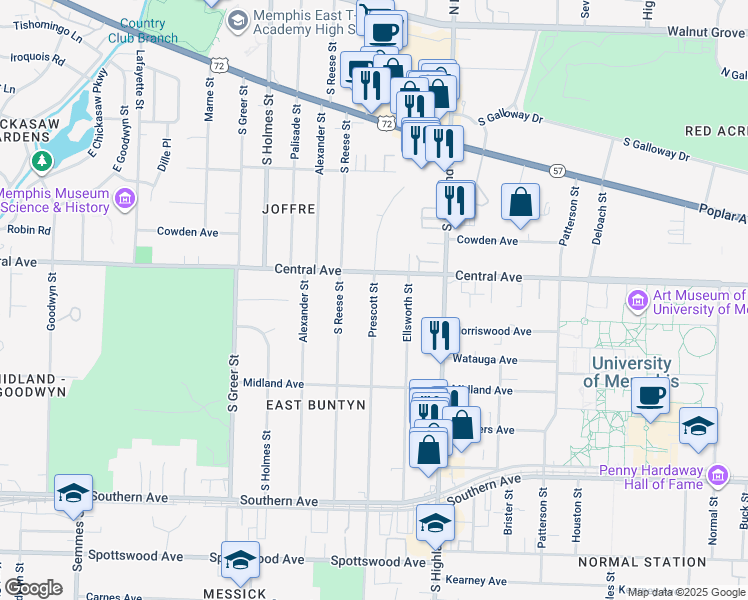 map of restaurants, bars, coffee shops, grocery stores, and more near 335 Prescott Street in Memphis