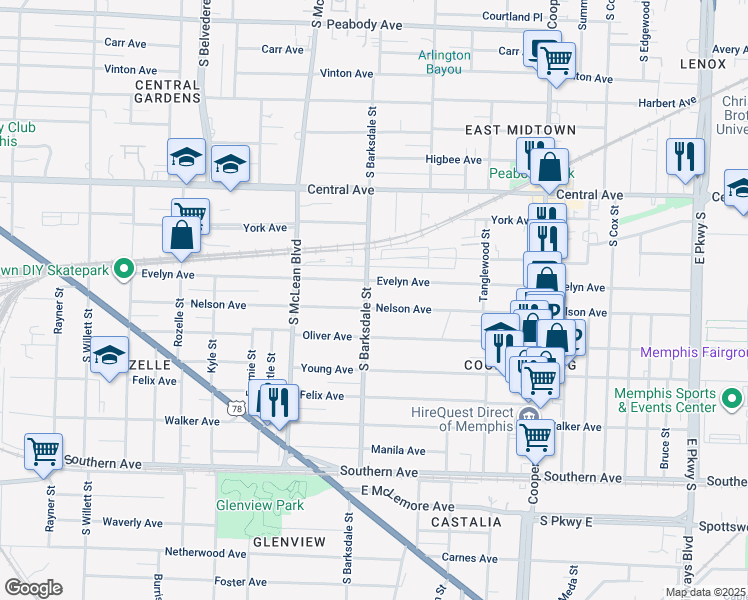 map of restaurants, bars, coffee shops, grocery stores, and more near 863 South Barksdale Street in Memphis