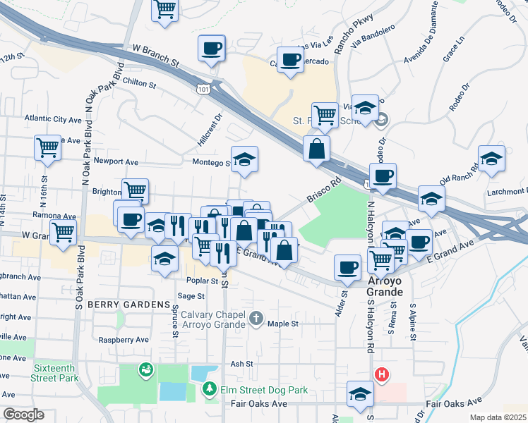map of restaurants, bars, coffee shops, grocery stores, and more near 1202 Linda Drive in Arroyo Grande