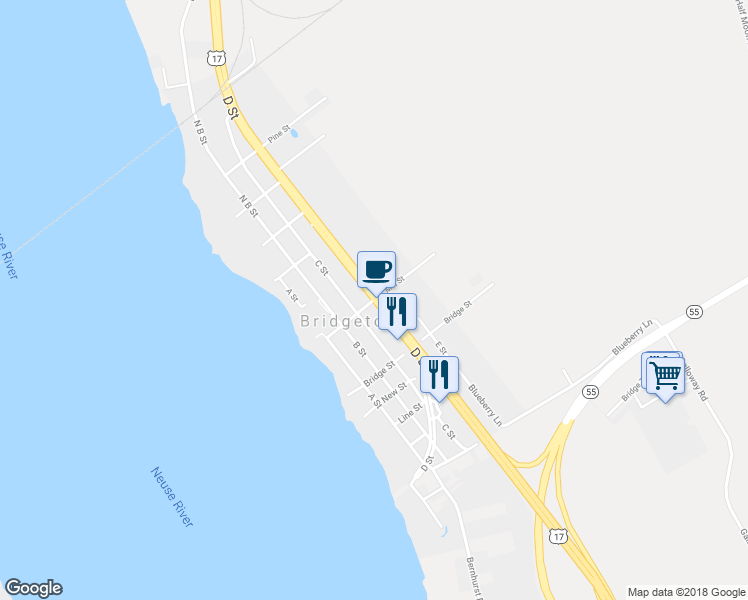 map of restaurants, bars, coffee shops, grocery stores, and more near Mill Street in Bridgeton