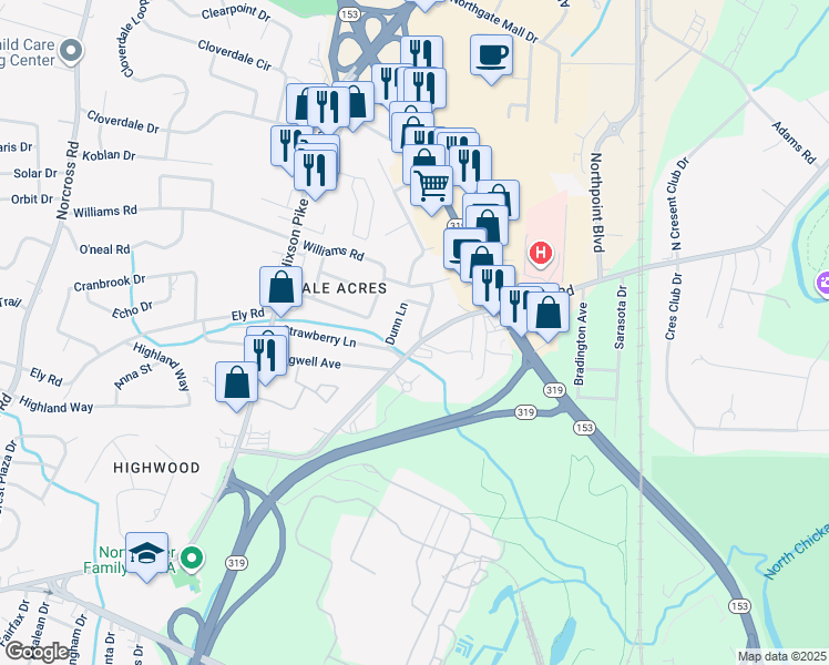map of restaurants, bars, coffee shops, grocery stores, and more near 1903 Dupont Street in Chattanooga
