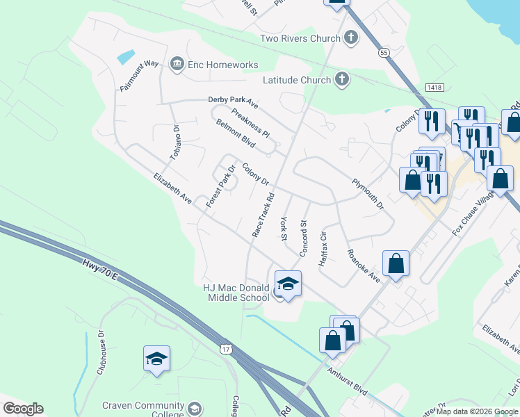 map of restaurants, bars, coffee shops, grocery stores, and more near 1617 Jamestown Court in New Bern