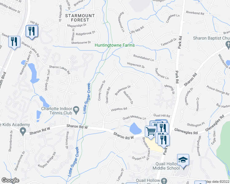 map of restaurants, bars, coffee shops, grocery stores, and more near 7928 Bradenton Drive in Charlotte