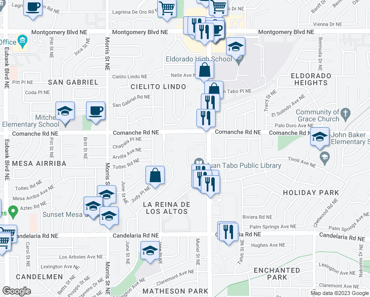 map of restaurants, bars, coffee shops, grocery stores, and more near 3447 Juan Tabo Boulevard Northeast in Albuquerque
