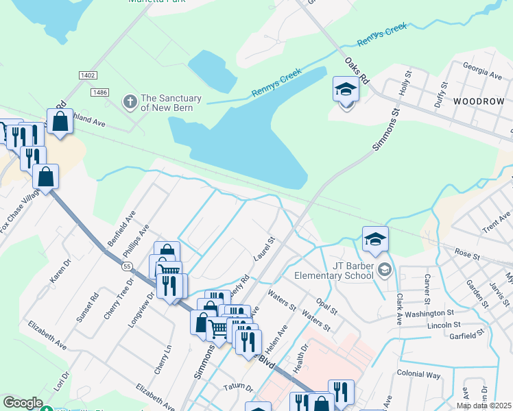map of restaurants, bars, coffee shops, grocery stores, and more near 2507 North Hills Drive in New Bern