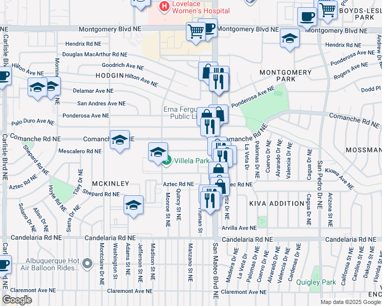 map of restaurants, bars, coffee shops, grocery stores, and more near 5002 Mescalero Road Northeast in Albuquerque