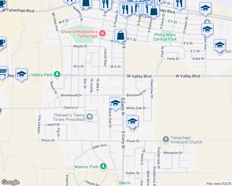 map of restaurants, bars, coffee shops, grocery stores, and more near 209 Brentwood Drive in Tehachapi