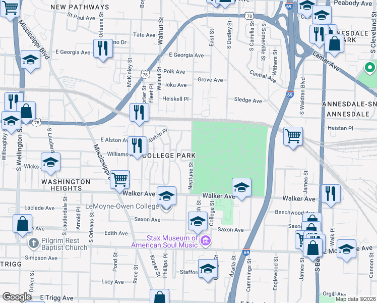 map of restaurants, bars, coffee shops, grocery stores, and more near 893 Neptune Street in Memphis