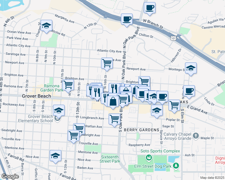 map of restaurants, bars, coffee shops, grocery stores, and more near 1685 Ramona Avenue in Grover Beach