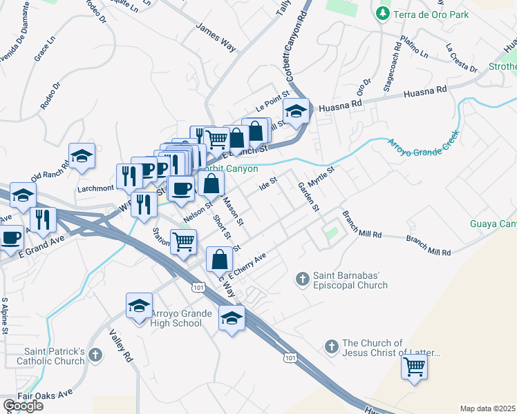 map of restaurants, bars, coffee shops, grocery stores, and more near 305 Whiteley Street in Arroyo Grande