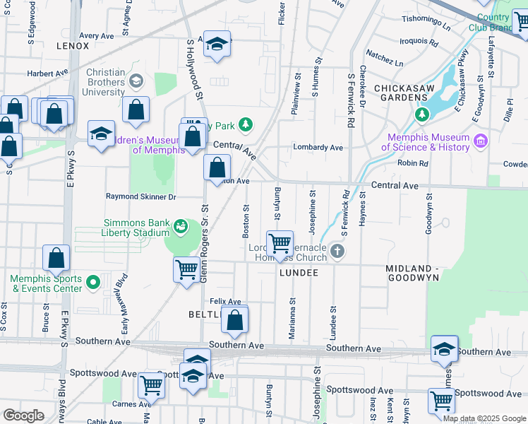 map of restaurants, bars, coffee shops, grocery stores, and more near 360 Hodges Street in Memphis