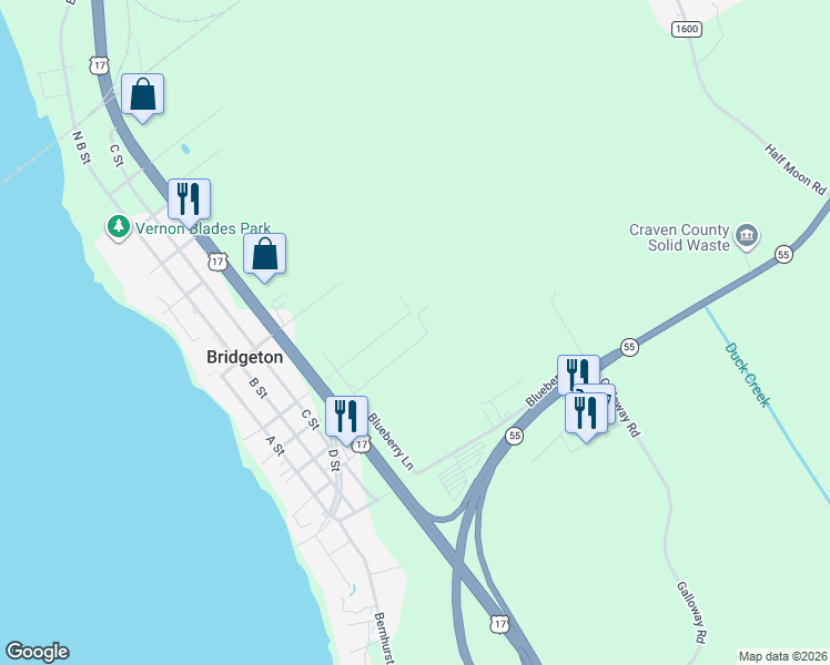 map of restaurants, bars, coffee shops, grocery stores, and more near 588 Bridge Street in New Bern