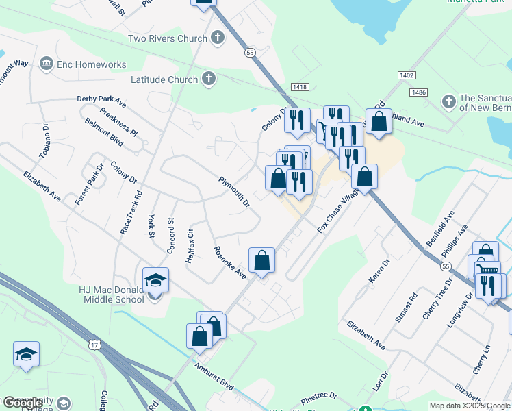 map of restaurants, bars, coffee shops, grocery stores, and more near 1028 Plymouth Drive in New Bern