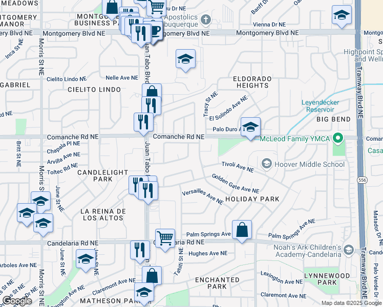 map of restaurants, bars, coffee shops, grocery stores, and more near 11604 Brussels Avenue Northeast in Albuquerque