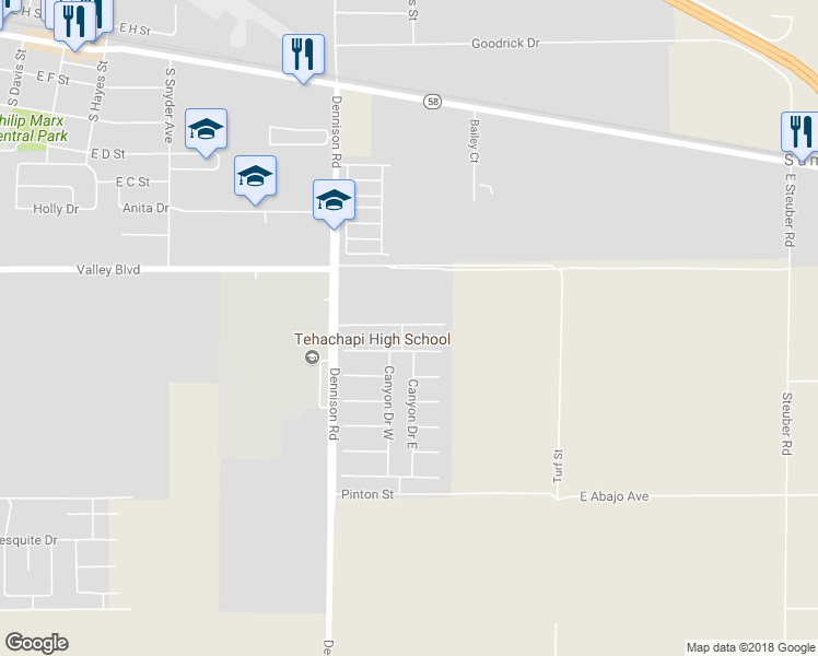 map of restaurants, bars, coffee shops, grocery stores, and more near 1000 Georgia Street in Tehachapi