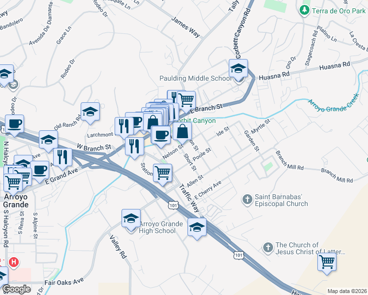 map of restaurants, bars, coffee shops, grocery stores, and more near 208 Nelson Street in Arroyo Grande