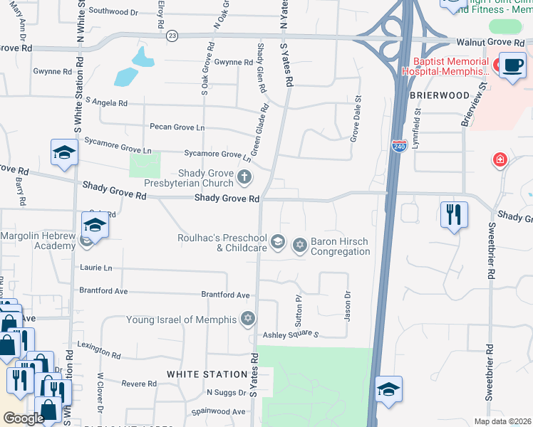 map of restaurants, bars, coffee shops, grocery stores, and more near 305 Shady Woods Cove in Memphis