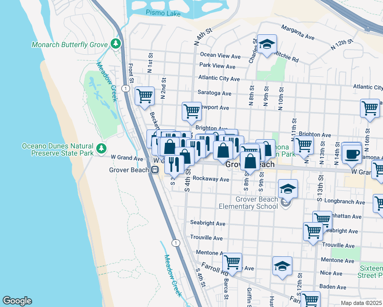 map of restaurants, bars, coffee shops, grocery stores, and more near 466 Ramona Avenue in Grover Beach