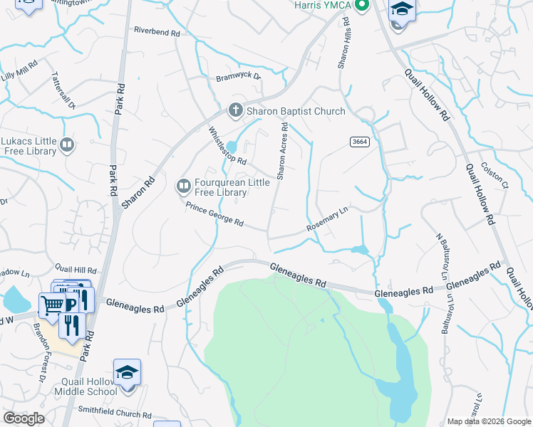 map of restaurants, bars, coffee shops, grocery stores, and more near 6304 Sharon Acres Road in Charlotte