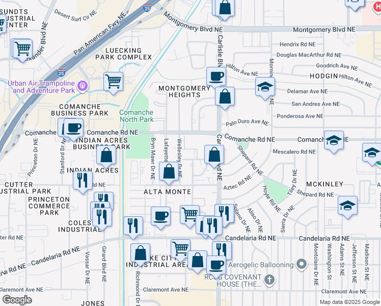 map of restaurants, bars, coffee shops, grocery stores, and more near 3600 Comanche Road Northeast in Albuquerque