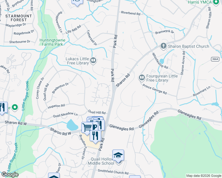 map of restaurants, bars, coffee shops, grocery stores, and more near 72 Gates at Quail Hollo Drive in Charlotte