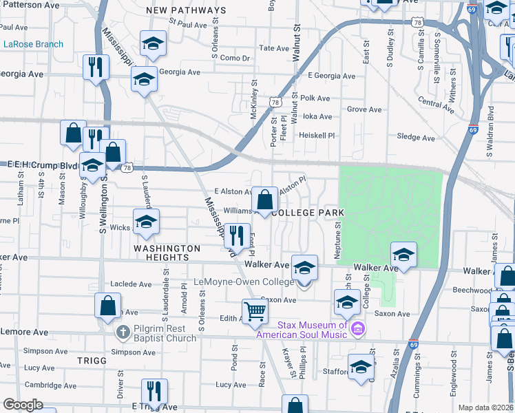 map of restaurants, bars, coffee shops, grocery stores, and more near 730 Williams Avenue in Memphis