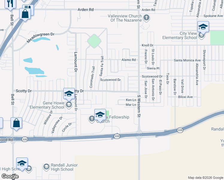 map of restaurants, bars, coffee shops, grocery stores, and more near 8210 Wrangler Trail in Amarillo