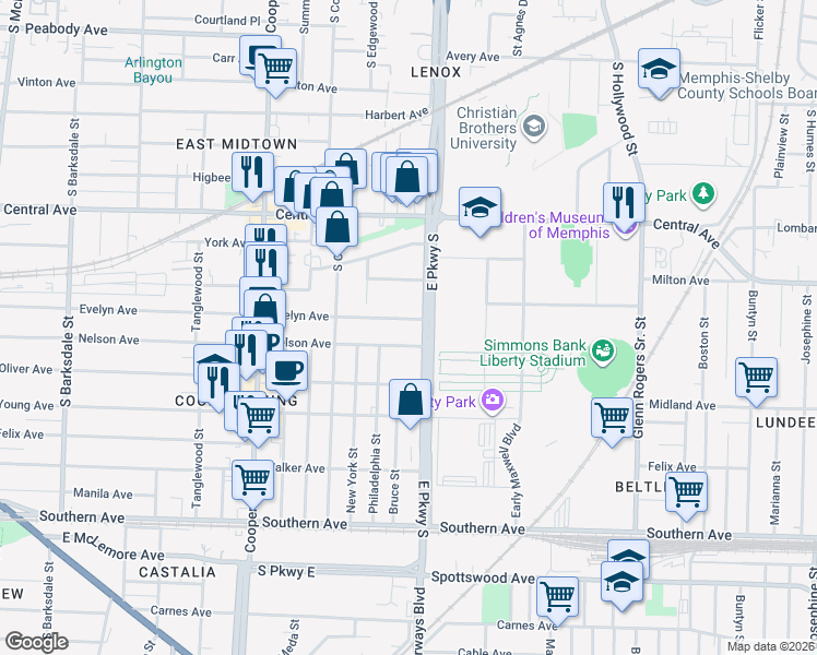map of restaurants, bars, coffee shops, grocery stores, and more near 2311 Evelyn Avenue in Memphis