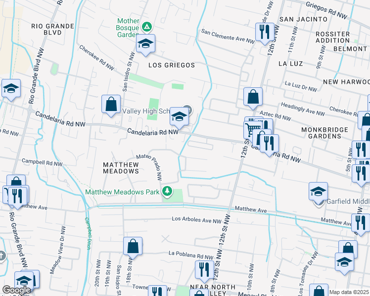 map of restaurants, bars, coffee shops, grocery stores, and more near 1401 Valle Lane Northwest in Albuquerque