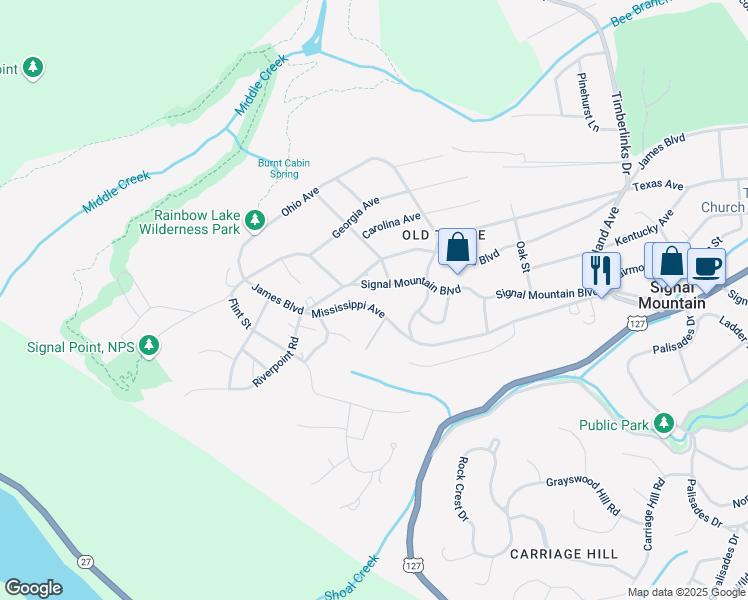 map of restaurants, bars, coffee shops, grocery stores, and more near 502 Signal Mountain Boulevard in Signal Mountain