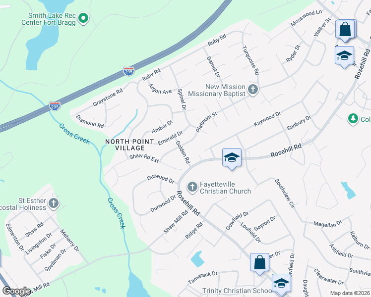 map of restaurants, bars, coffee shops, grocery stores, and more near 623 Platinum Street in Fayetteville