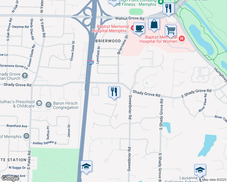 map of restaurants, bars, coffee shops, grocery stores, and more near 319 River Oaks Road North in Memphis