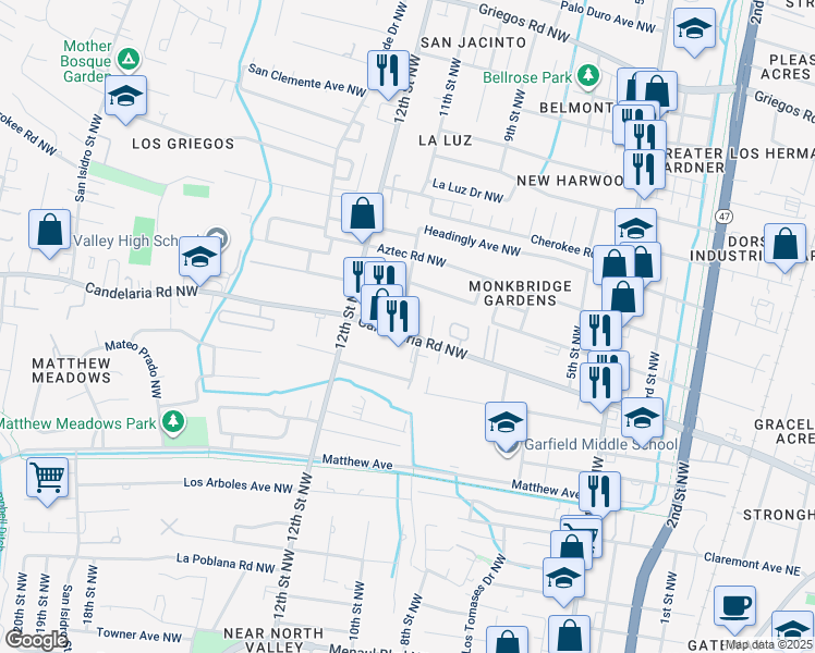 map of restaurants, bars, coffee shops, grocery stores, and more near 1105 Candelaria Road Northwest in Albuquerque