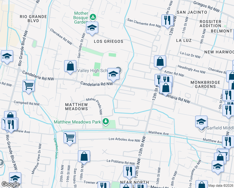 map of restaurants, bars, coffee shops, grocery stores, and more near 1401 Valle Lane Northwest in Albuquerque