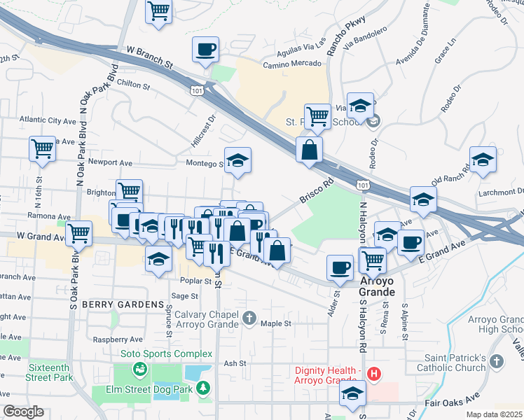 map of restaurants, bars, coffee shops, grocery stores, and more near 1202 Linda Drive in Arroyo Grande